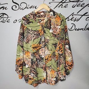 Vintage Sasson Women's Tropical Animal Print Long Sleeve Button Up, OS